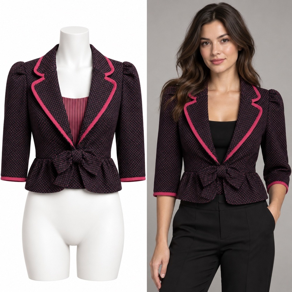 Forever 21 Twist Blazer Women Medium Black Pink Dot Bow Peplum 3/4 Sleeve Jacket